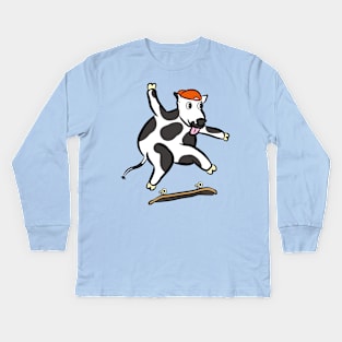 Cartoon cow doing a kickflip skating gnarly Kids Long Sleeve T-Shirt